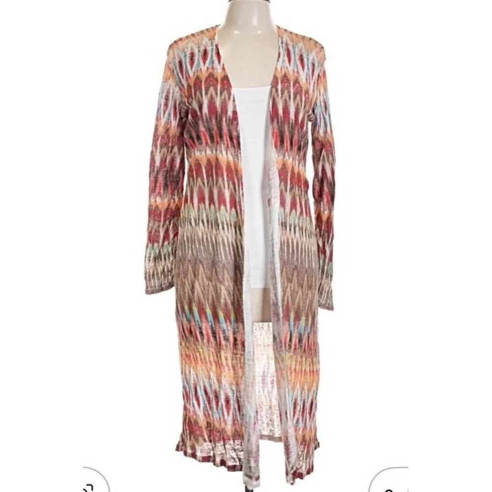 Chico's 2 Aztec Womens lightweight linen duster cardigan sweater Lg Boho Western